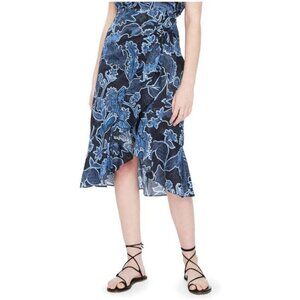 Parker Wrap Skirt Womens 8 Blue Midi Floral Asymmetric Cotton Drew Ruffle